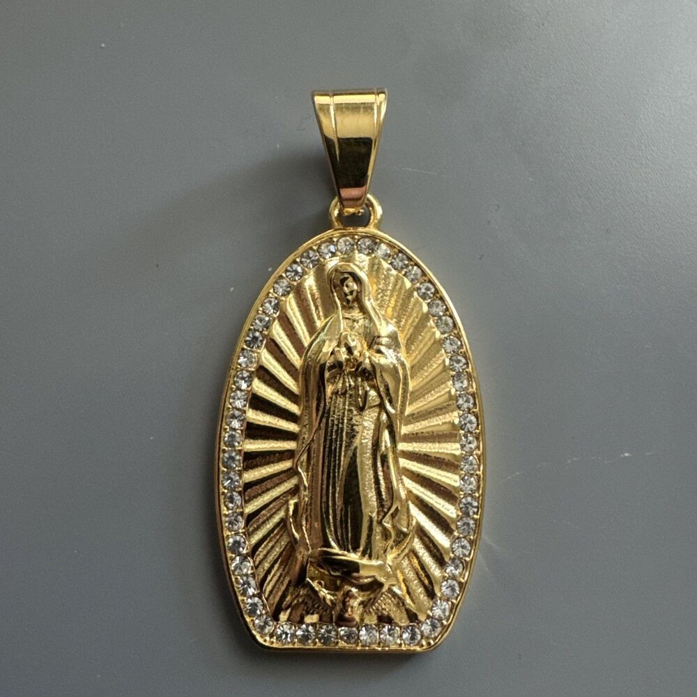 Gold Plated Virgin Mary Stainless Steel Pendant Jesus Christ Cubic Zirconia 24”
